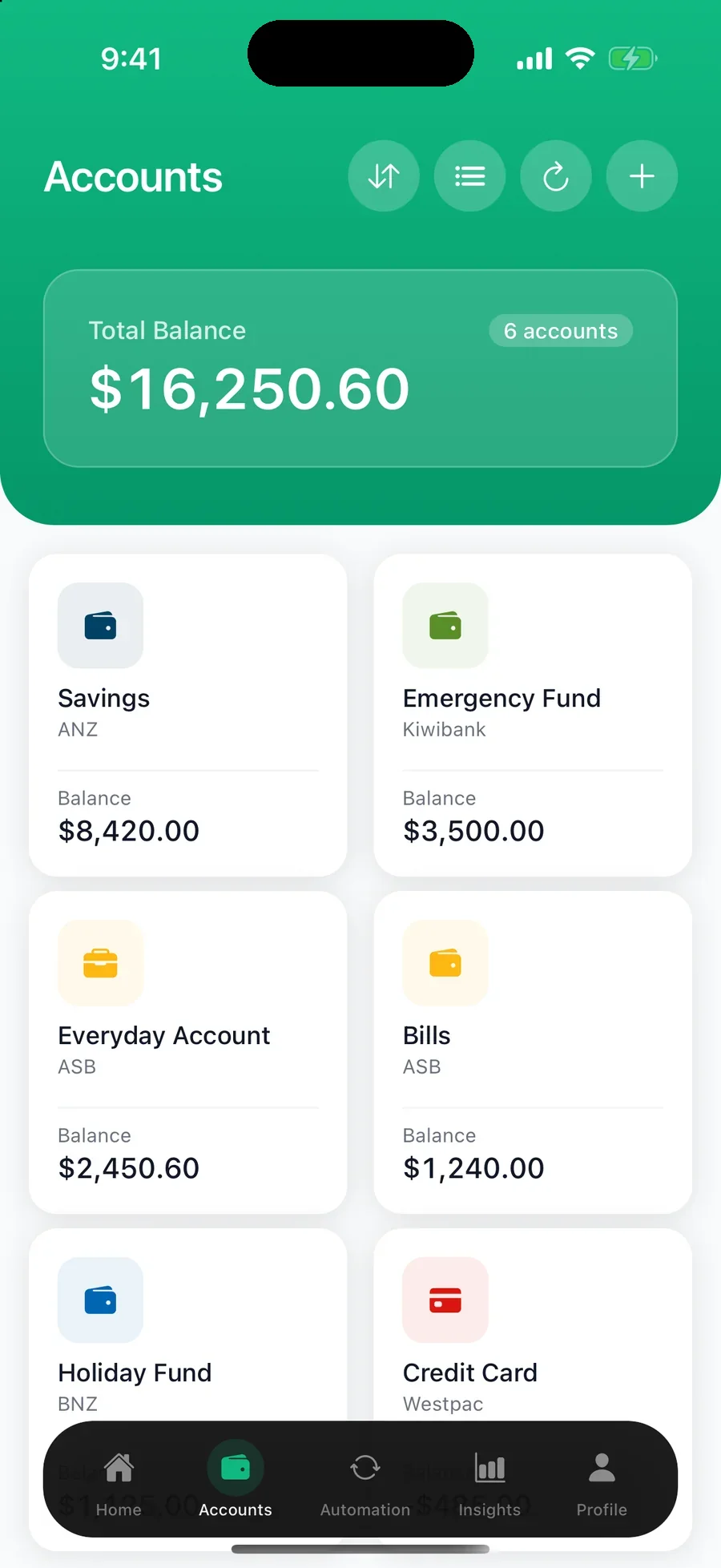 The accounts screen showing six linked NZ bank accounts