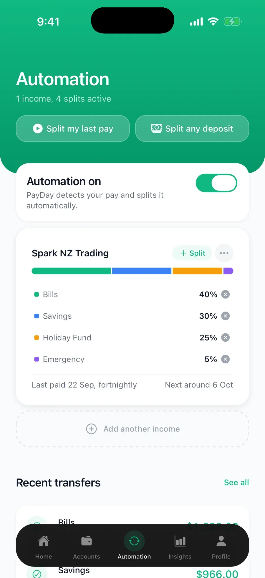 The automation screen with four active split rules