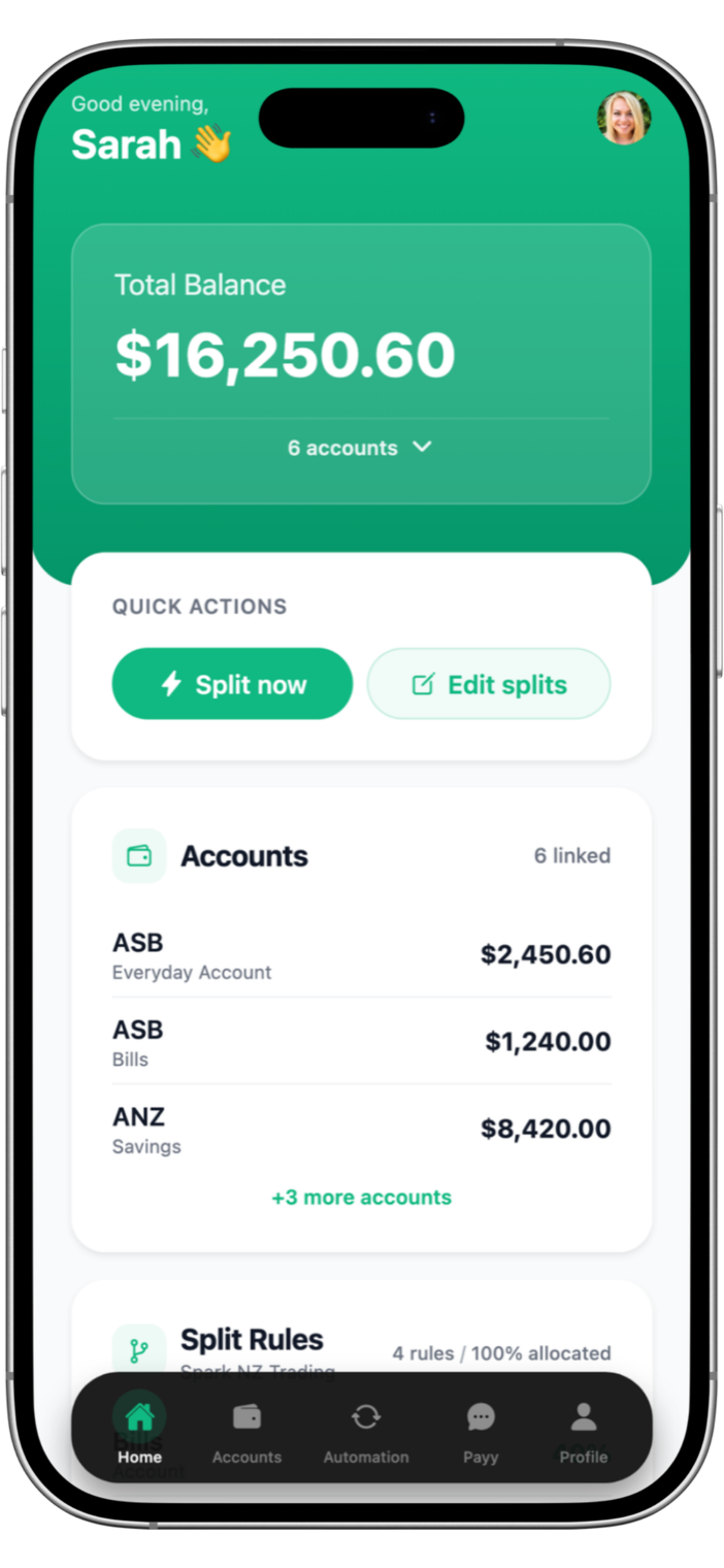PayDay app dashboard in an iPhone frame showing total balance across connected NZ bank accounts, quick actions, and linked accounts