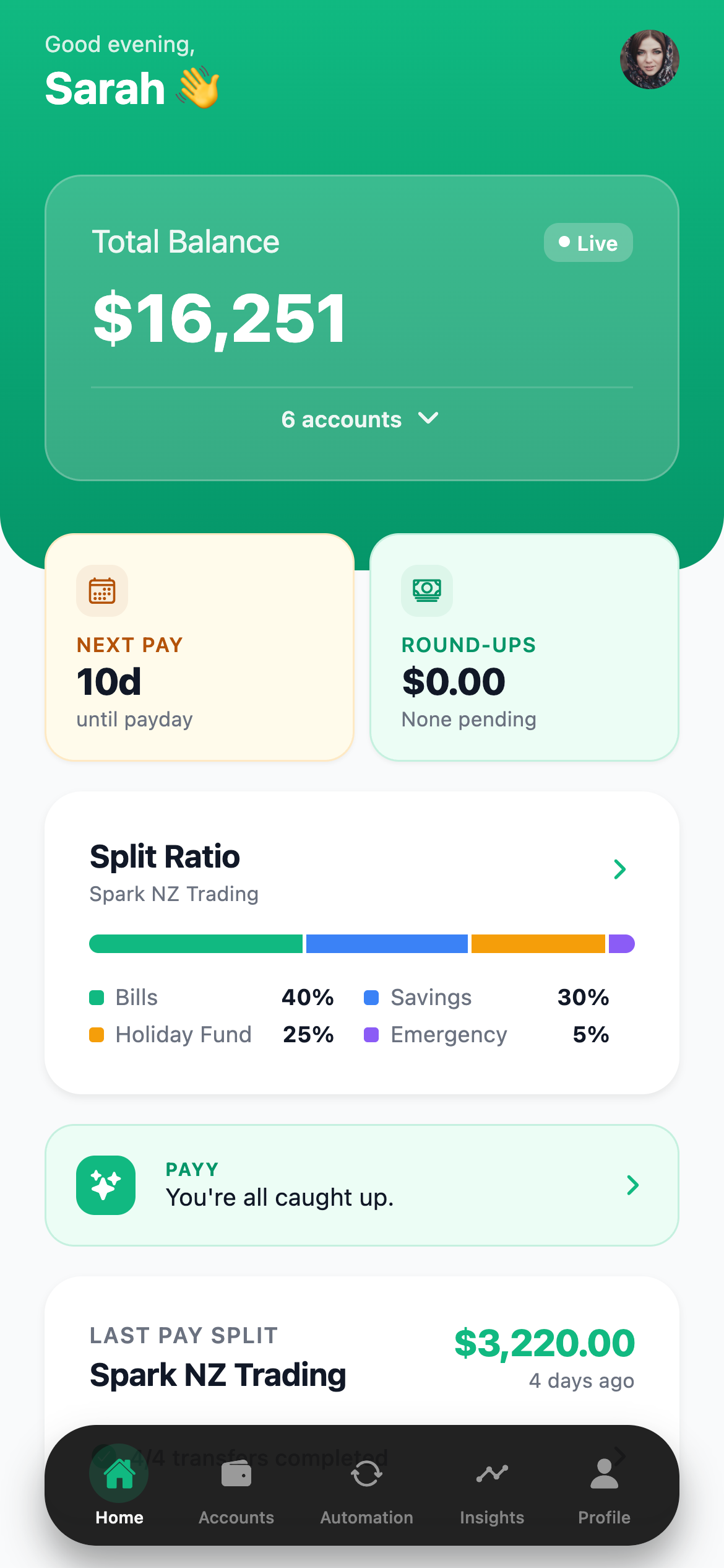 PayDay app dashboard showing total balance across 6 connected NZ bank accounts, next payday countdown, and current split ratio