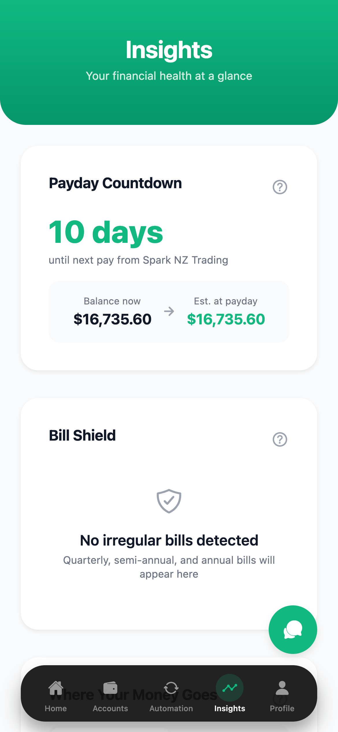 PayDay insights screen showing payday countdown, balance projection and bill shield status
