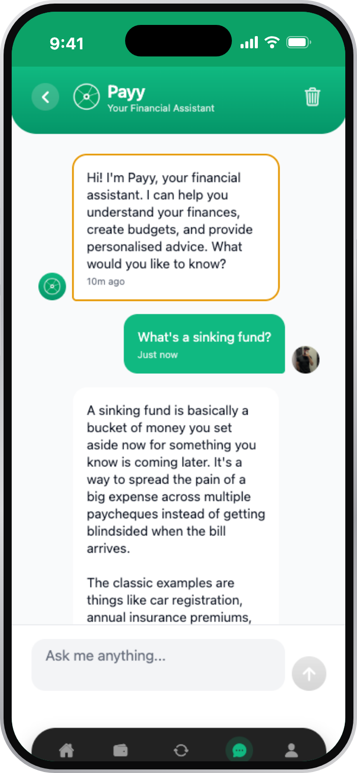 Payy AI chat screen in the PayDay app answering the question What's a sinking fund in plain English