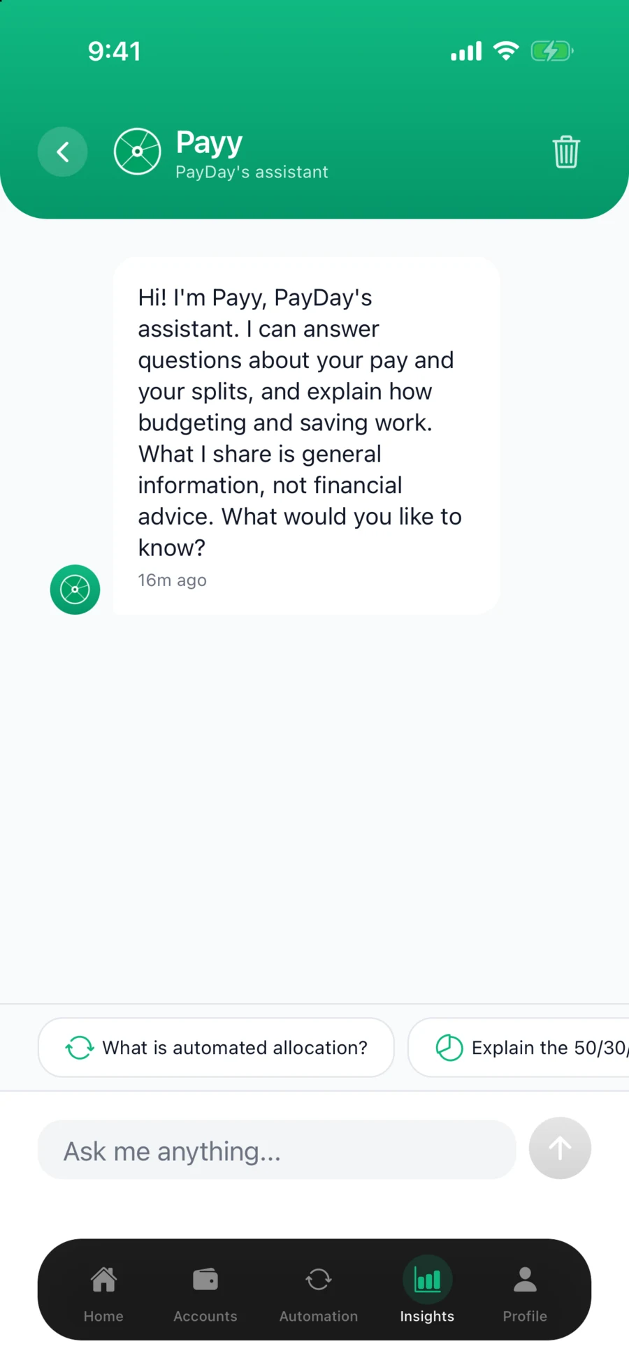 Payy, the PayDay assistant, offering general information about pay, splits, budgeting and saving