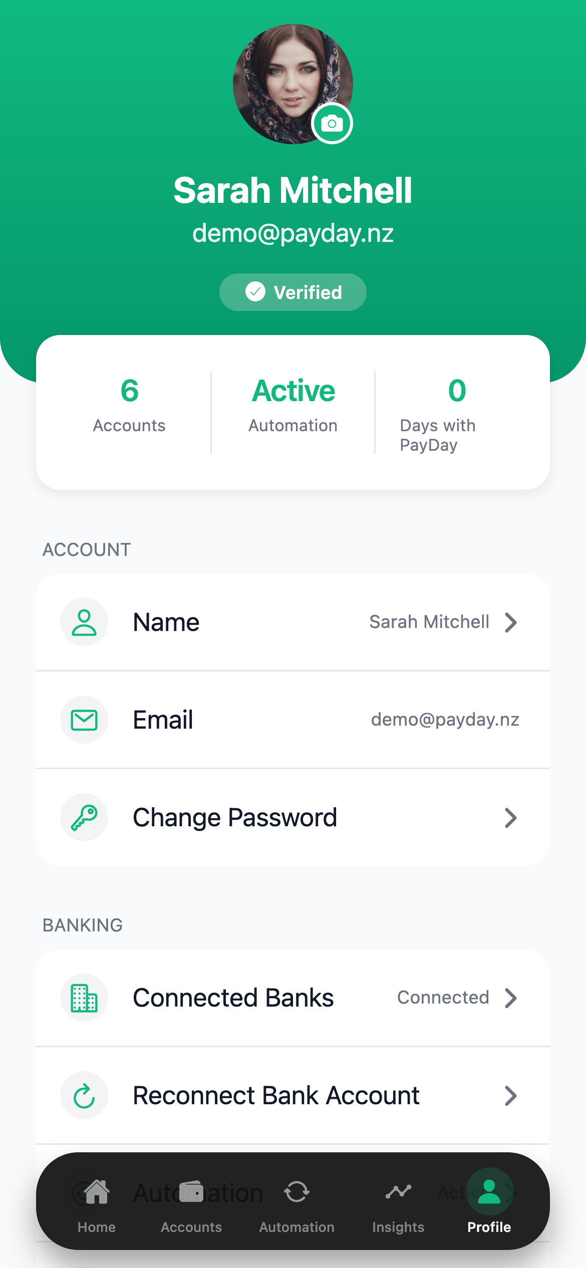 PayDay profile screen showing account settings, notification preferences and security options