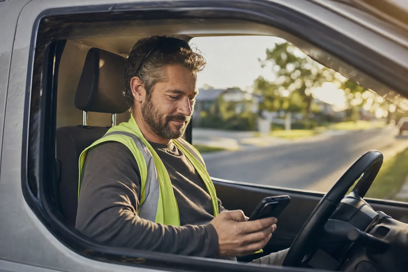 A tradesman checking his phone in his ute at the end of the day